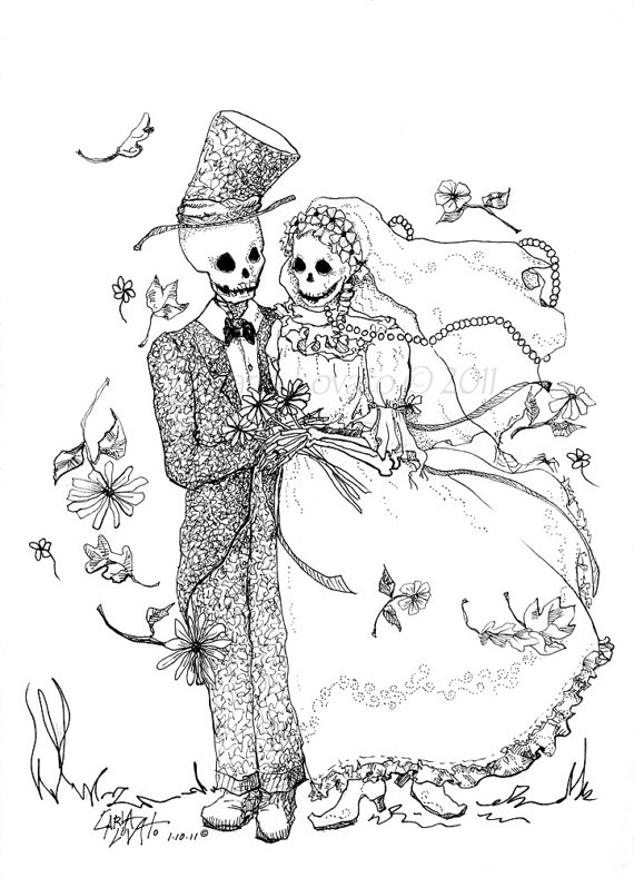 570x789 Day Of The Dead Drawing - Skeleton Bride And Groom Drawing
