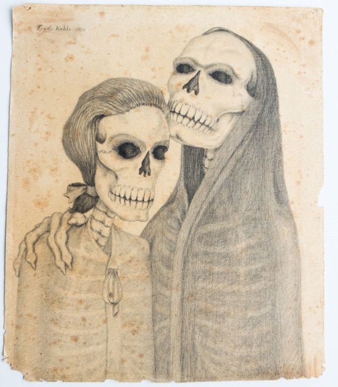 670x768 Frida Kahlo Skeleton Couple Drawing Signed - Skeleton Couple Drawing