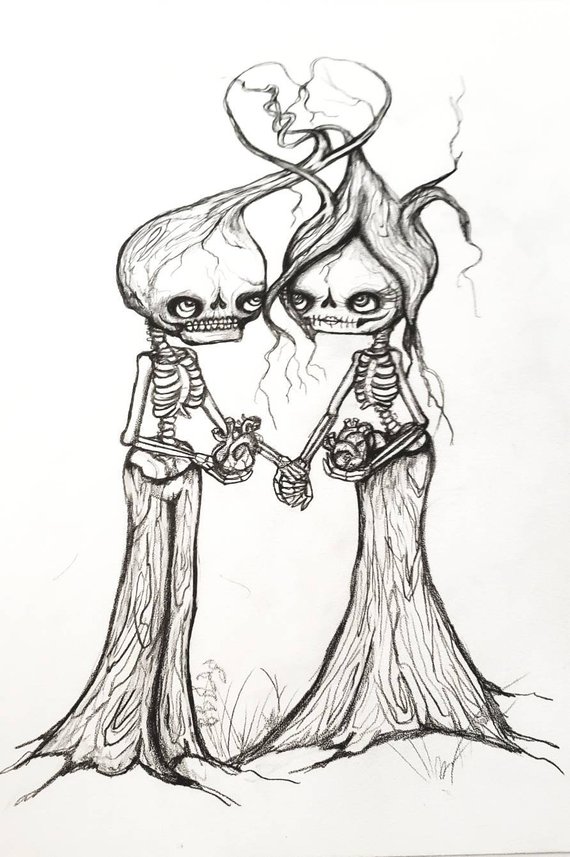 570x857 Tree Skeleton Couple Give You My Heart Original Art Etsy - Skeleton Couple Drawing