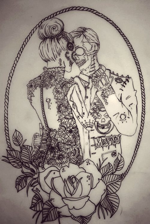 500x744 art, bun, couple, drawing - Skeleton Couple Drawing