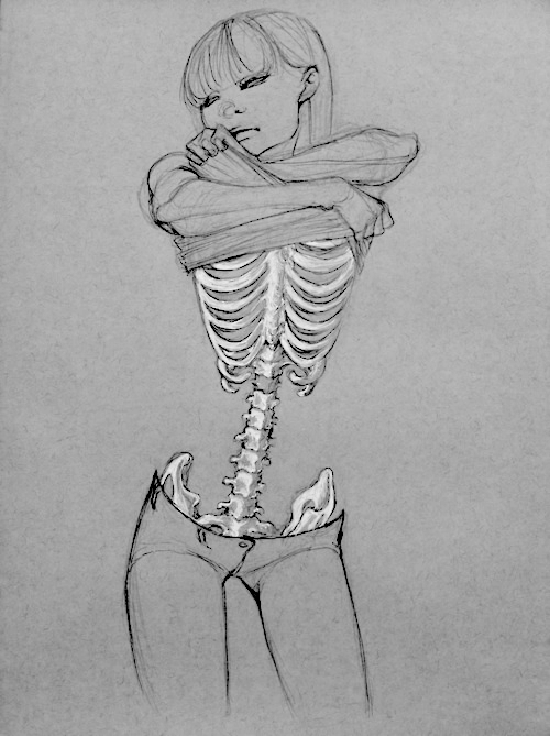 500x669 Skeleton And Skin Artwork, I Like That She's Taking Her Top Of But - Skeleton Drawing