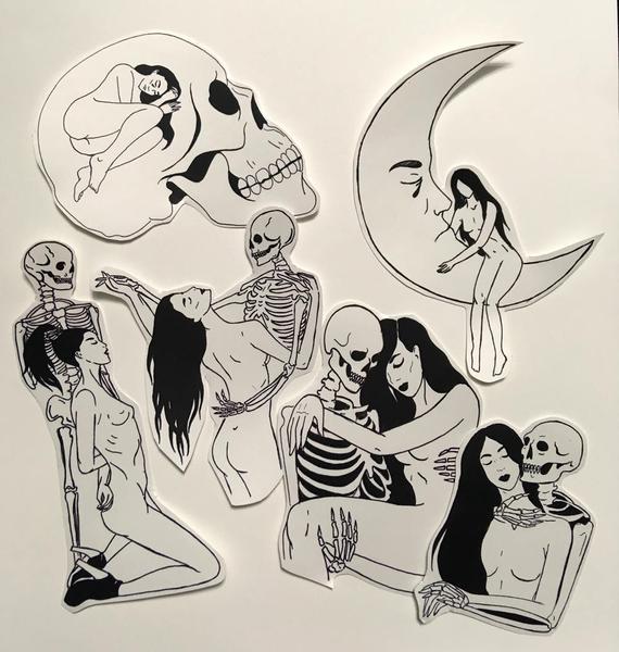 570x600 love and death stickers sad girl skeleton skull lovers - Skeleton Girl Drawing