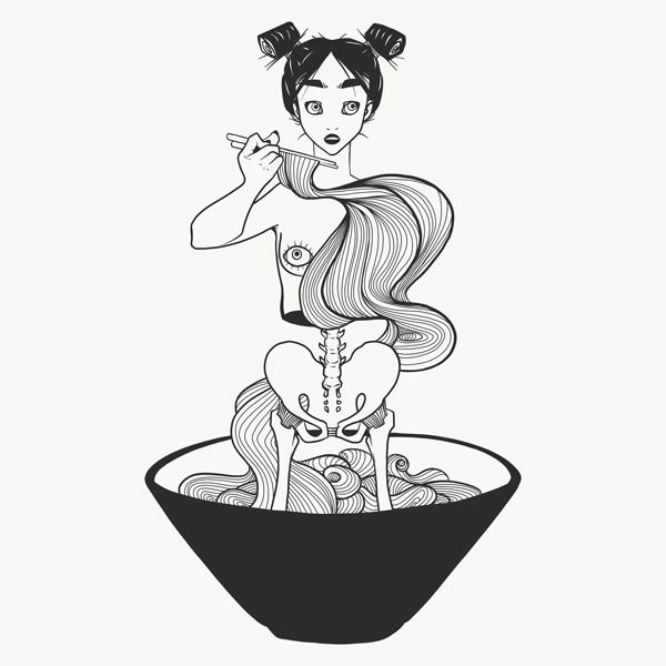 600x600 Skeleton Girl Ramen Noodles Art Print Cellsdividing - Skeleton Girl Drawing