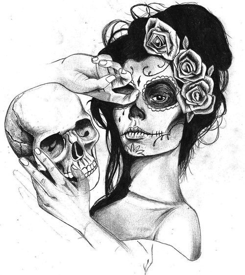 500x561 Amazing, Art, Drawing, Flowers, Girl, Roses, Skeleton - Skeleton Girl Drawing