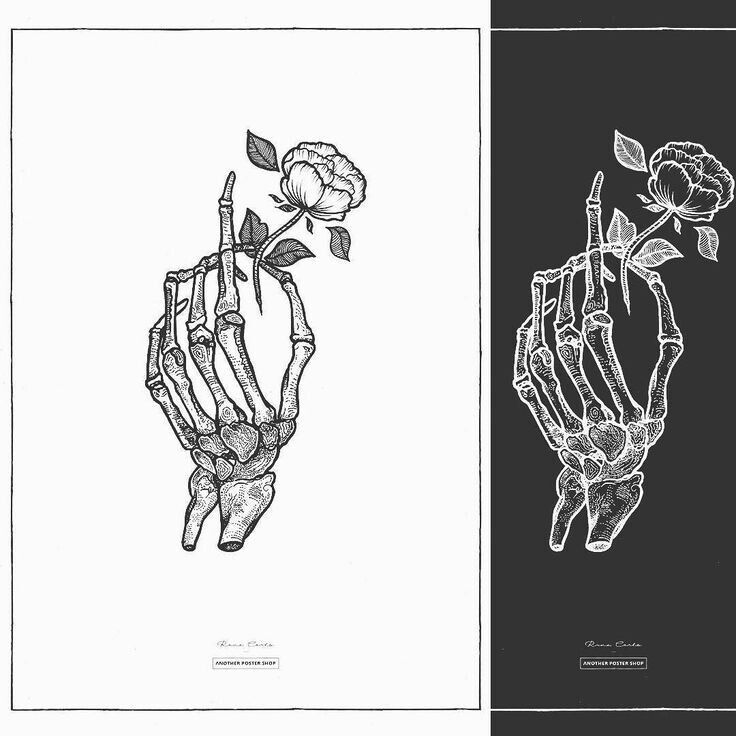 Skeleton Hand Holding Rose Drawing