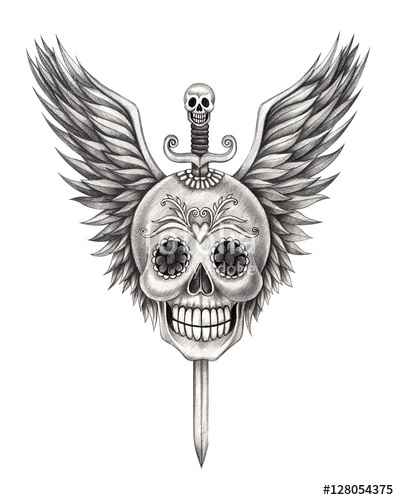 399x500 Art Skull Wings Tattoo Art Design Skull Head Mix Graphic Tribal - Skeleton Head Drawing