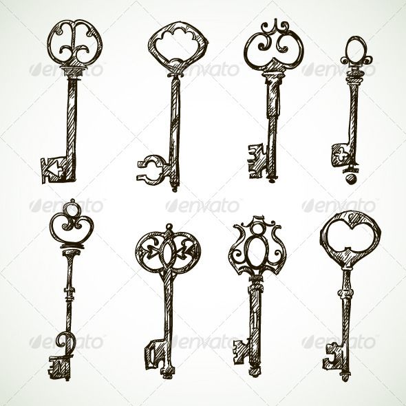 590x590 set of vintage key drawings - Skeleton Key Drawing
