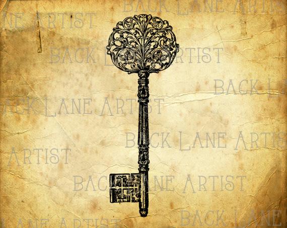 570x452 vintage skeleton key clipart lineart illustration instant etsy - Skeleton Key Drawing