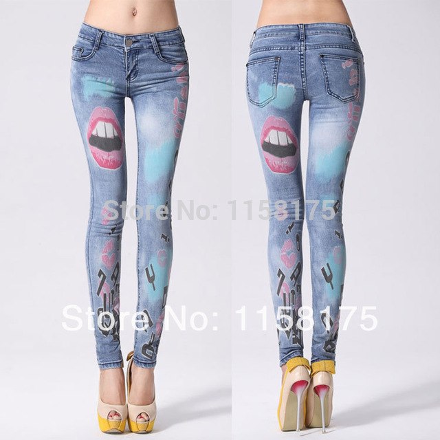 640x640 fashion brand colored drawing lips printed woman skinny jeans slim - Skinny Jeans Drawing