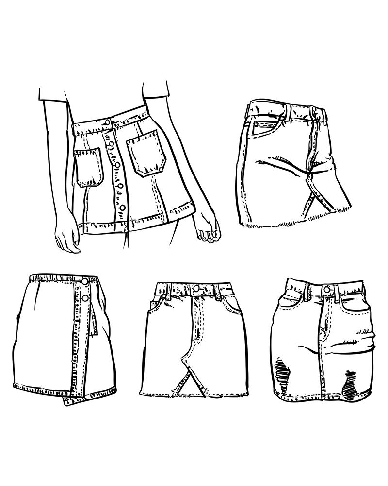 800x1000 denim skirt outline on a white background hand drawn jean etsy - Skirt Drawing