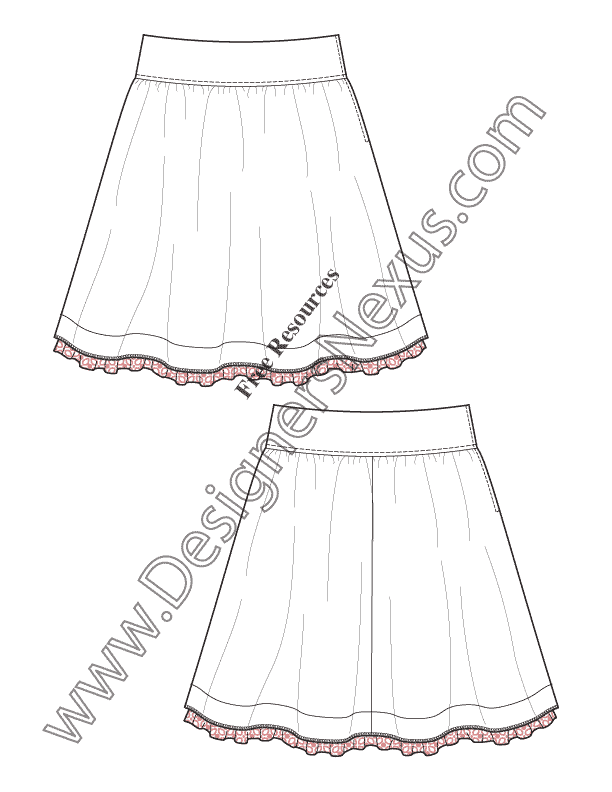 612x792 wide waistband gathered skirt flat fashion sketch template - Skirt Flat Drawing