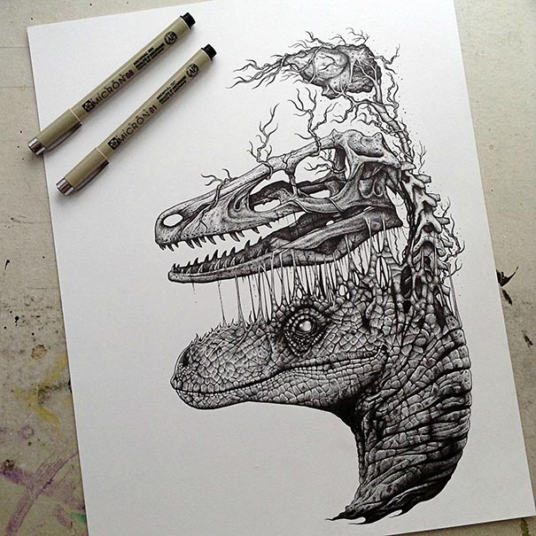 605x605 animals leave their skeletons behind in stunning dark drawings - Skull Art Drawings