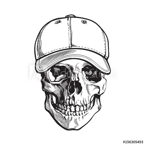 500x500 Hand Drawn Human Skull Wearing Black And White Unlabelled Baseball - Skull Black And White Drawing