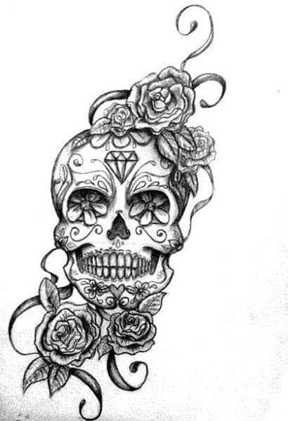 410x600 Sugar Skull With Roses Drawing - Skull Black And White Drawing