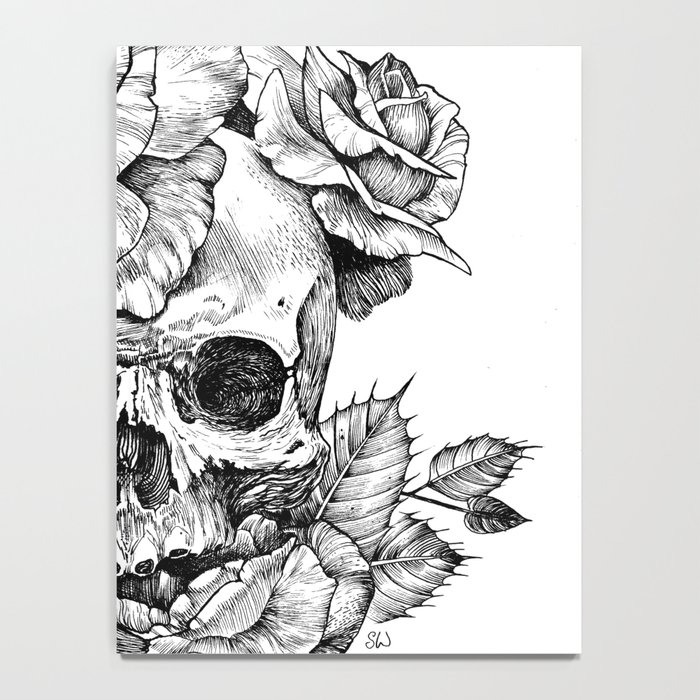 700x700 Black And White Skull With Roses Pen Drawing Notebook - Skull Black And White Drawing