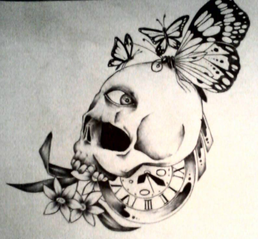 900x831 Butterflies And Skull Tattoo Design - Skull Butterfly Drawing