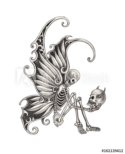 406x500 Angel Skull Tattoo Hand Pencil Drawing On Paper - Skull Butterfly Drawing