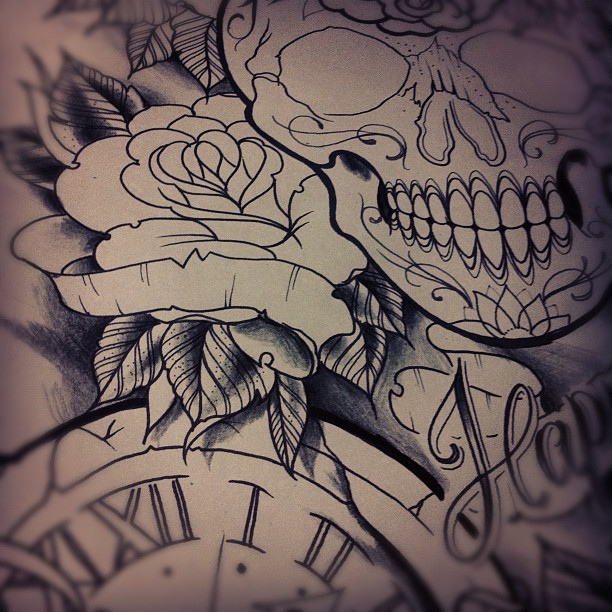 612x612 Skull Clock And Roses Tattoo Designs Tattoo Ideas - Skull Clock Drawing