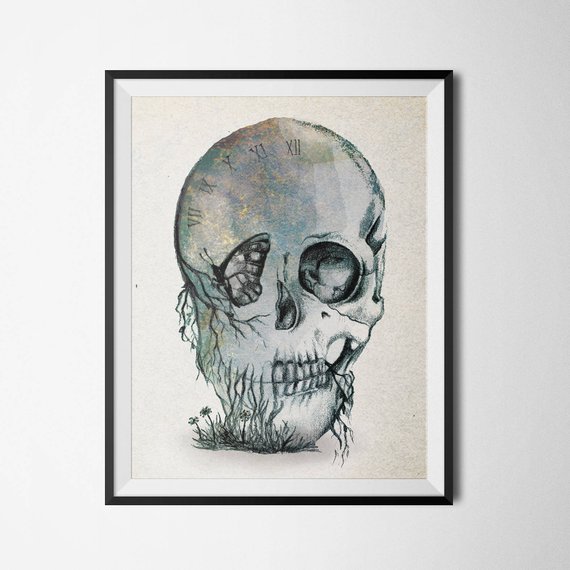 570x570 Skull Clock Butterfly Life Death Print Design Etsy - Skull Clock Drawing