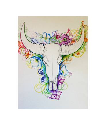 375x438 Floral Bull Skull Drawing - Skull Drawing
