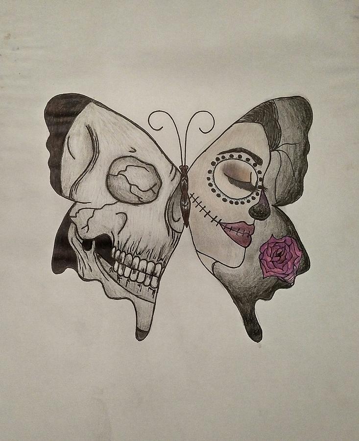 733x900 Butterfly Skull Color Drawing Drawing - Skull Drawing