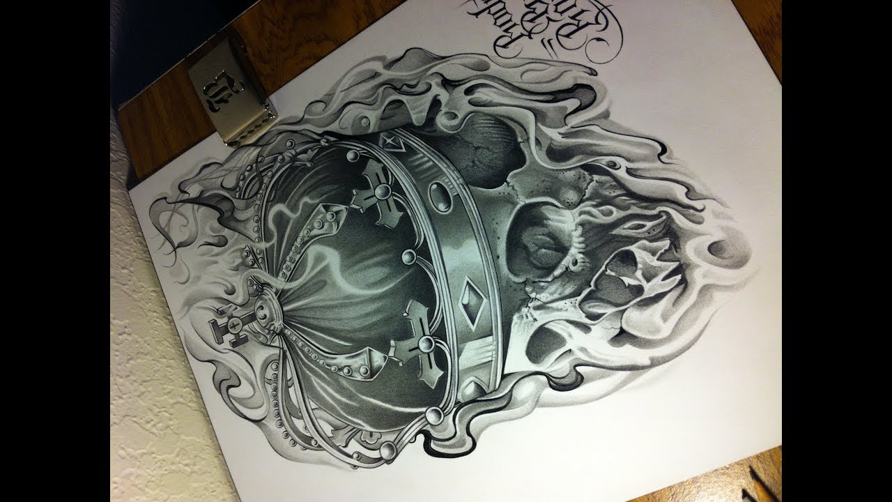 1280x720 Skull Drawing Skullcrown Black And Gray Tattoo Style Art - Skull Drawing Art