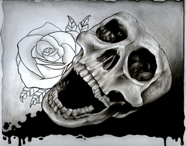 600x469 draw a skull and rose with pencils and watercolours - Skull Drawing Tutorial