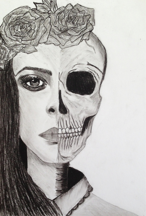 500x738 Half Skull Half Face On We Heart It - Skull Face Drawing