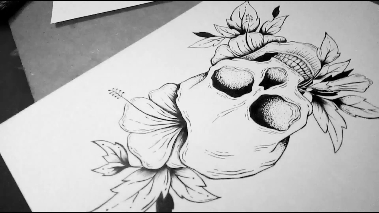 1280x720 Skull With Flower Drawing - Skull Flower Drawing