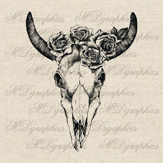 570x570 cow skull with flowers safe house - Skull Flower Drawing
