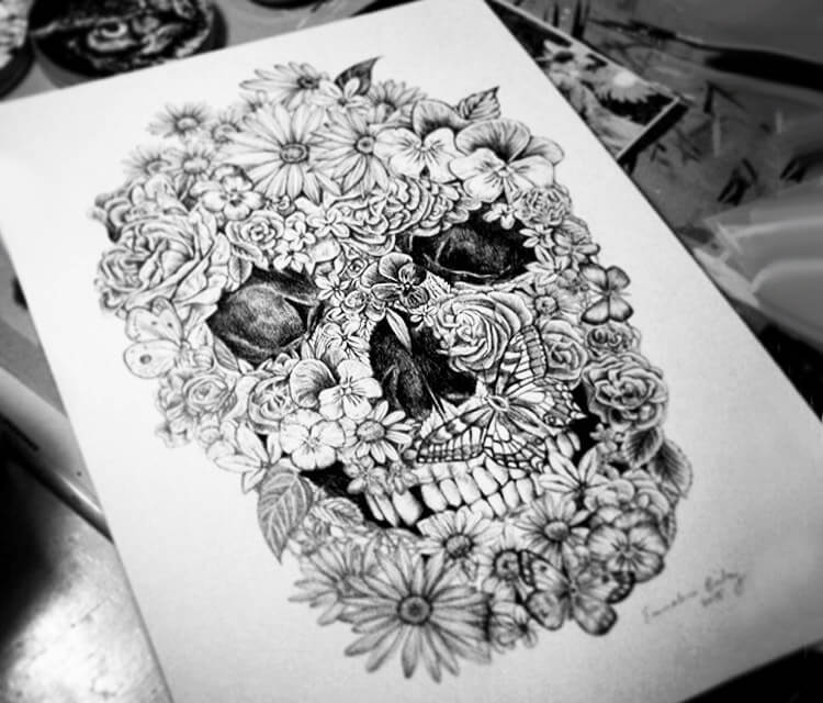 750x640 Floral Skull Drawing - Skull Flower Drawing