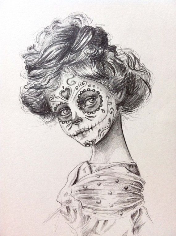 570x763 Day Of The Dead Sugar Skull Girl Original Drawing Art - Skull Girl Drawing