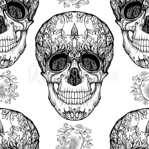 500x500 Seamless Pattern, Background With Sugar Skull And Floral Pattern - Skull Outline Drawing