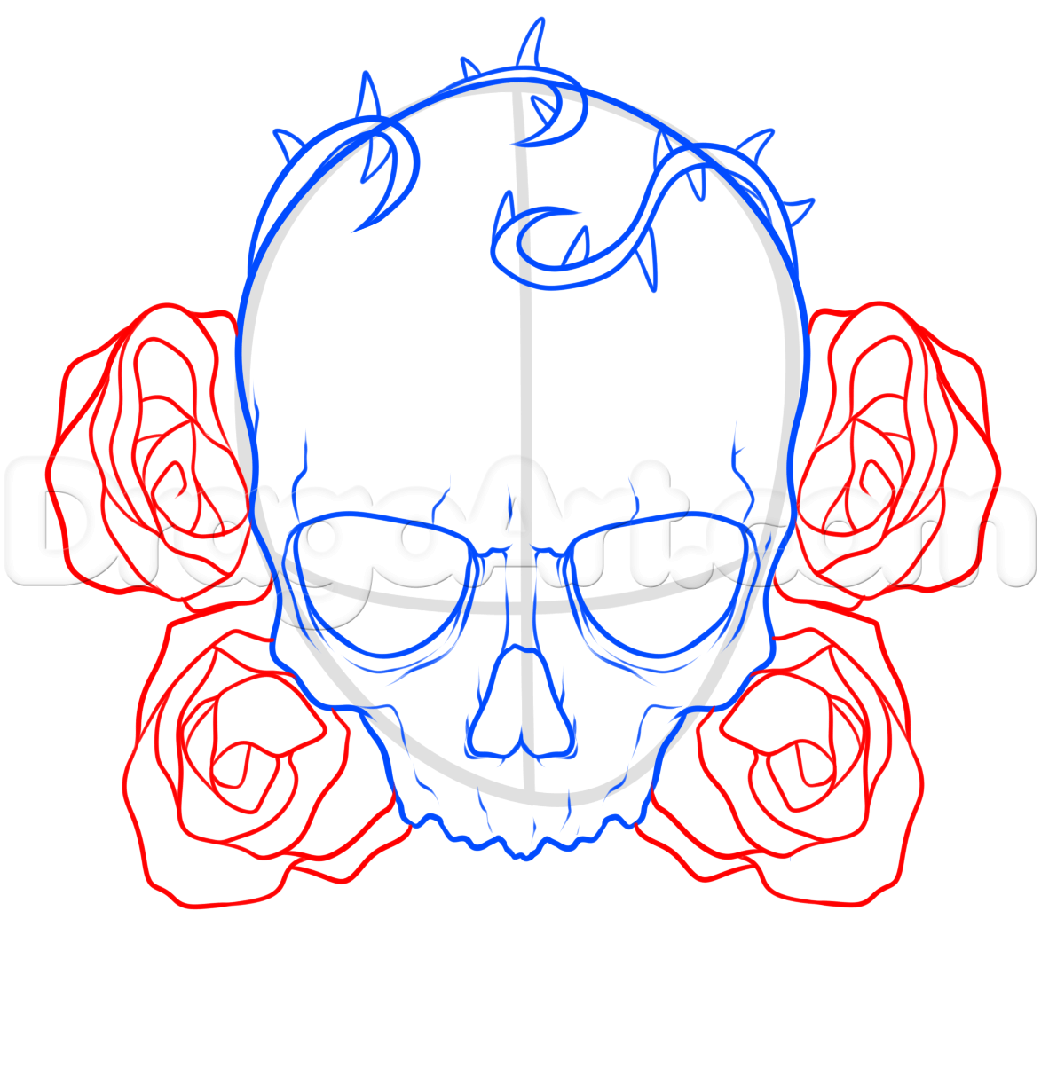 1173x1222 How To Draw A Skull And Roses Tattoo, Step - Skull Rose Drawing