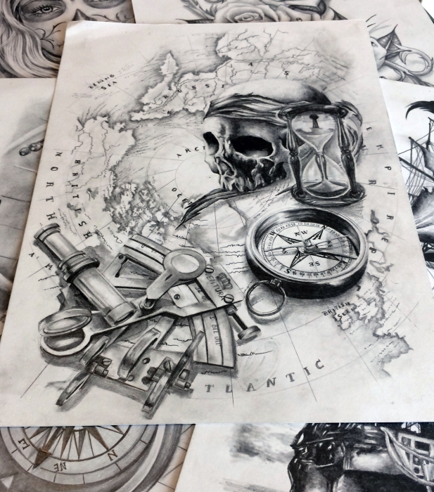 617x700 Skull World Tattoo Design - Skull Sleeve Drawings