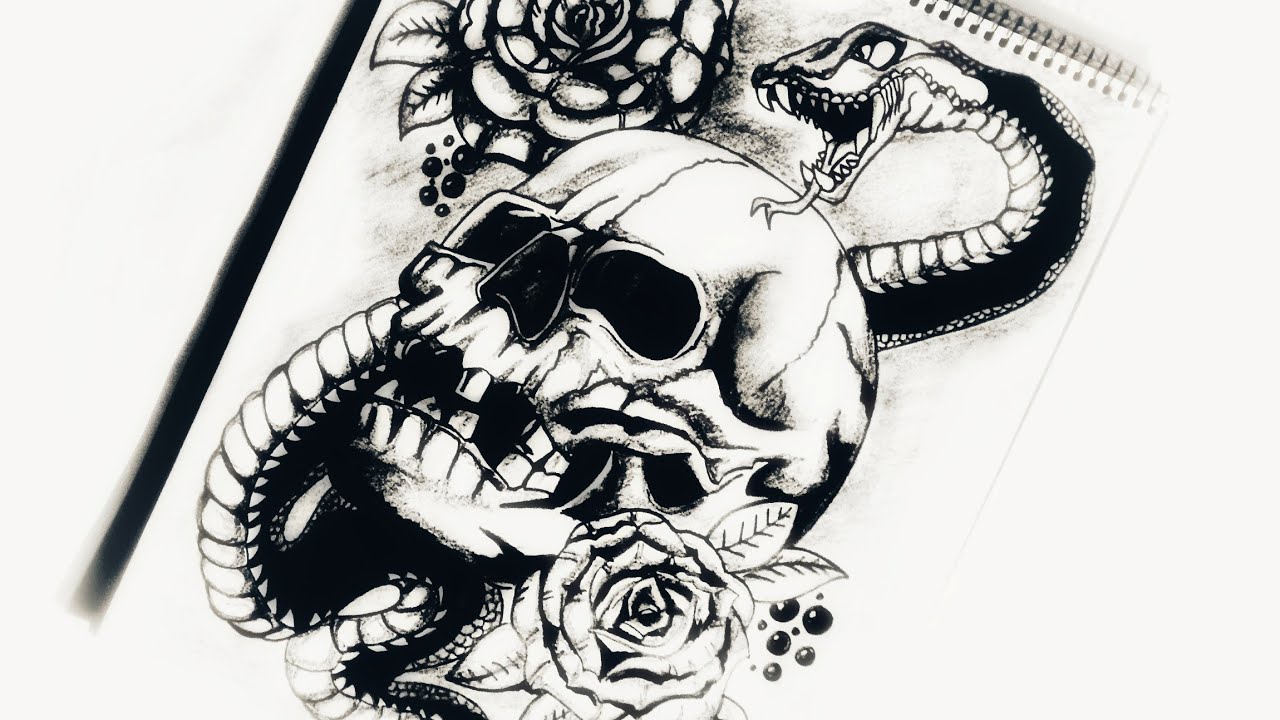 1280x720 How To Draw Skull, Snake Roses Tattoo Design Body Tattoo - Skull Snake Drawing