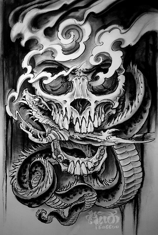 537x800 Tattoos - Skull Snake Drawing