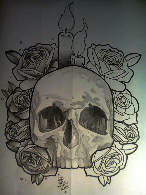 500x667 Old School Godwell's Skull Tattoo Sketch Design - Skull Tattoo Drawings