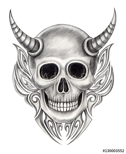 411x500 Art Devil Skull Tattoo Art Design Skull Head Mix Graphic Tribal - Skull Tattoo Drawings