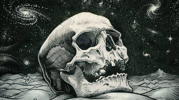 748x421 digital art, skull, teeth, artwork, drawing, monochrome, space - Skull Teeth Drawing