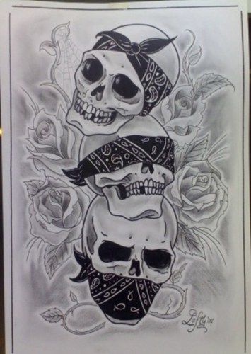 355x500 hear no see no speak no evil skulls with bandana tattoos - Skull With Bandana Drawing