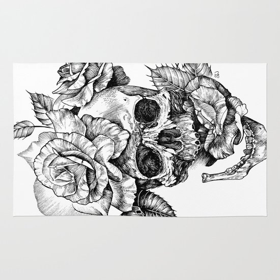 550x550 Black And White Skull With Roses Pen Drawing Rug - Skull With Crown Drawing