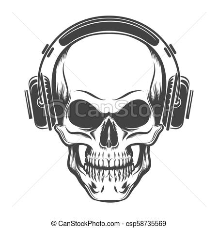 450x470 Hand Drawn Human Skull With Headphones Vector Illustration - Skull With Headphones Drawing