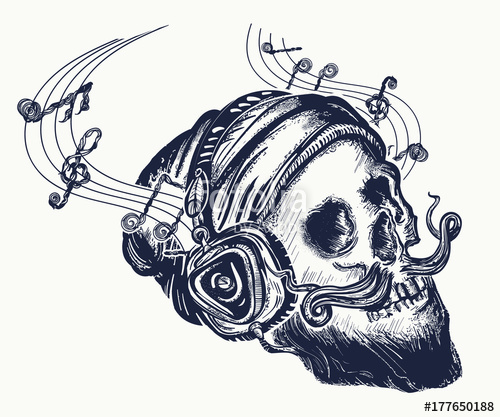 500x417 Human Skull Tattoo And T Shirt Design Skull Of The Bearded - Skull With Headphones Drawing