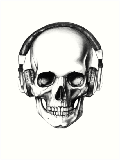 413x549 Skull Headphones Art Prints - Skull With Headphones Drawing