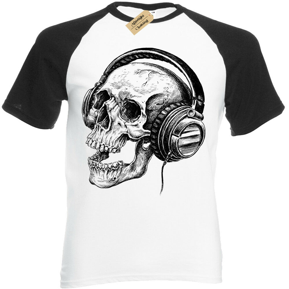 1000x1000 Skull Headphones Screen Printed Mens T Shirt Baseball Band - Skull With Headphones Drawing
