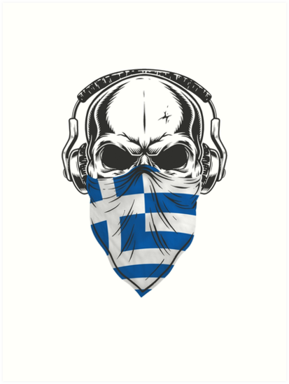 413x549 Cool Skull Headphones Greece W Greek Flag Art Prints - Skull With Headphones Drawing