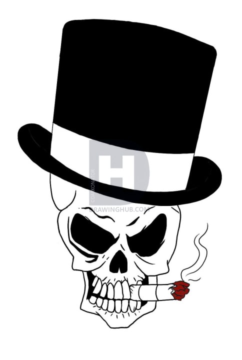 484x720 How To Draw A Skull Head Design, Step - Skull With Top Hat Drawing
