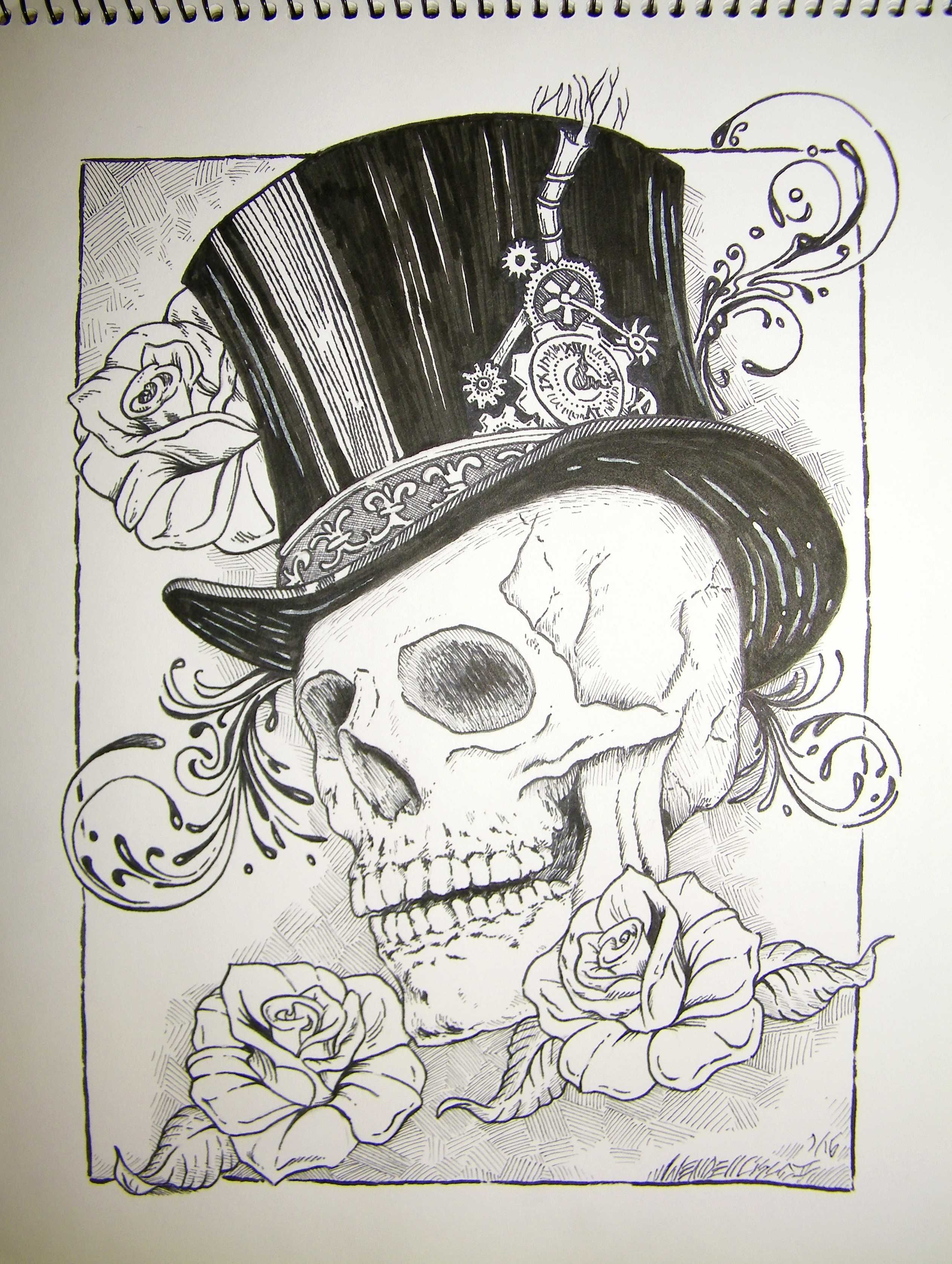 2525x3352 Top Hat, Skull Roses - Skull With Top Hat Drawing