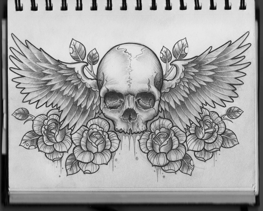 900x721 Skull And Wings Chest Design - Skull With Wings Drawing